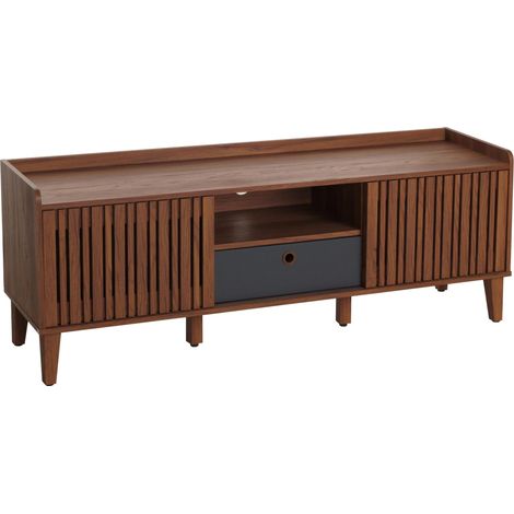 [JAMAIS UTILISÉ] Meuble TV HHG-421, Buffet bas Armoire TV, porte coulissante 56x150x40cm, aspect noyer, tiroir gris foncé (1/5)