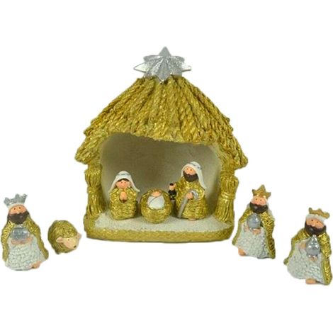 Presepe con capanna natività sacra famiglia oro per addobbi decorazioni natalizie sotto albero di natale (1/5)