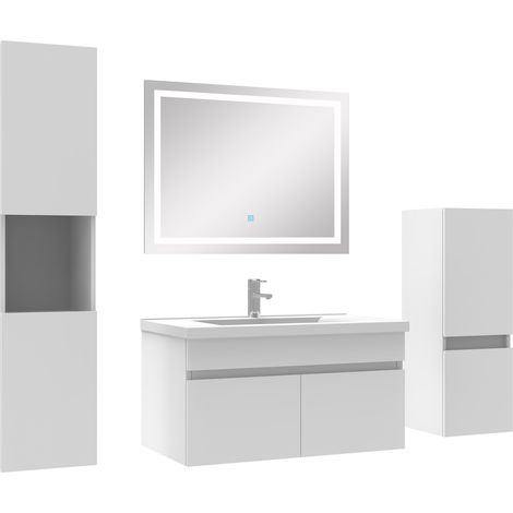 Ocean meuble Salle de Bain 80cm simple vasque + colonne + miroir LED Blanc
