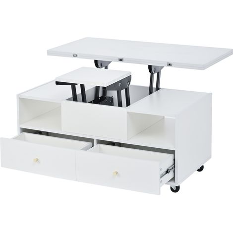 Mesa de centro elevable con 4 cajones, MDF blanco, 100 x 50 cm (1/5)