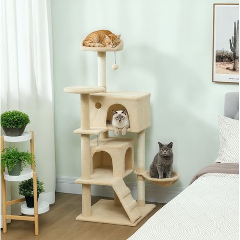Árbol rascador para gatos 140 cm con hamaca, escalera, cueva y 2 pelotas de felpa, beige (1/5)