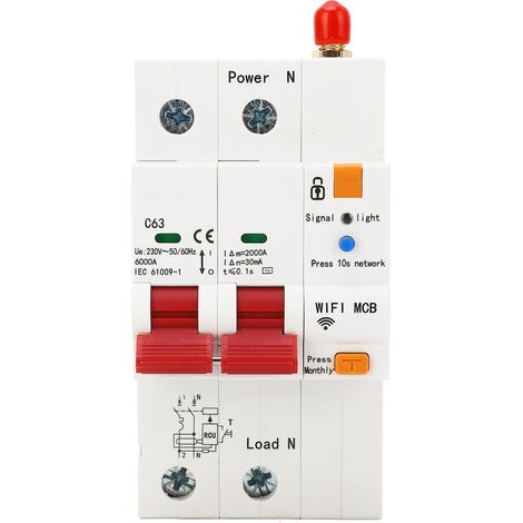 Interrupteur différentiel WiFi 2P 63A 230V, disjoncteur intelligent sur rail DIN, protection contre les fuites, contrôle à distance par application, coupure automatique de puissance. (1/5)