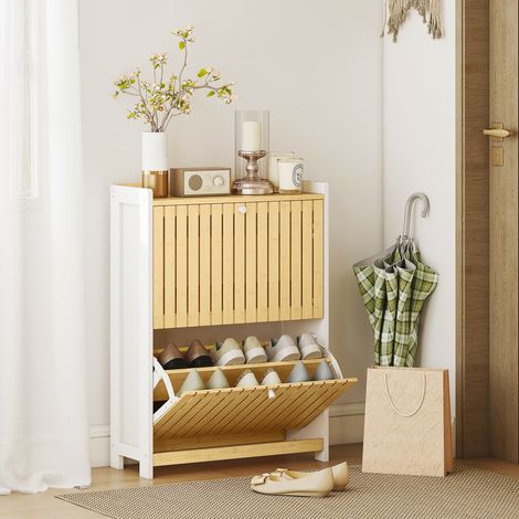 Zapatero Estrecho con 2 Puertas de Bambú con Listones Estantes Ajustables para 12 Pares de Zapatos Blanco y Natural (1/5)