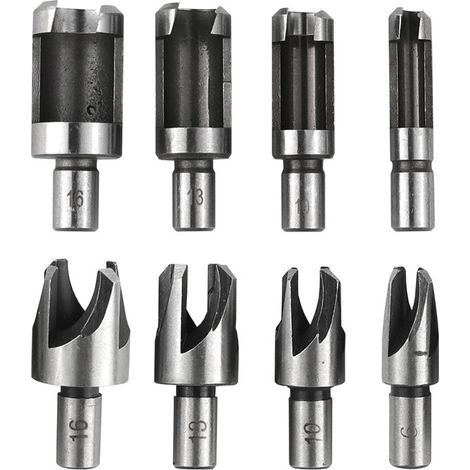 8 Pièces Fraise à Bouchonner Bois, Mèche à Bouchon Bois 6 mm/10 mm/13 mm/16 mm, Acier Carbone Bois Plug Perceuse pour le Travail du Bois, Forets à Bois à Griffe et Coniques (1/5)