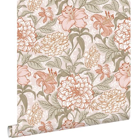 Papier peint à motif fleurs vintage vieux rose et vert – Dimensions 53cm x 10,05m – Intissé écologique facile à poser – Estahome (1/5)