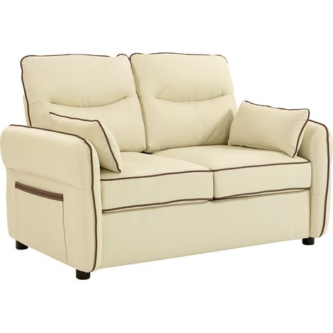 Divano 2 Posti 136x81x90 cm con Imbottitura Spessa Tasca Laterale e 2 Cuscini in Finta Pelle Beige (1/5)