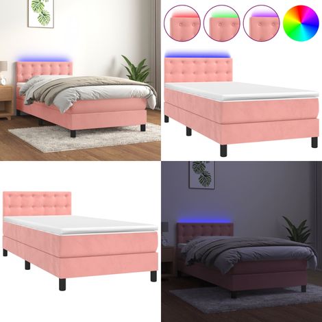 Cama box spring colchón y LED terciopelo rosa 100x200 cm - Colchón LED - Terciopelo rosa