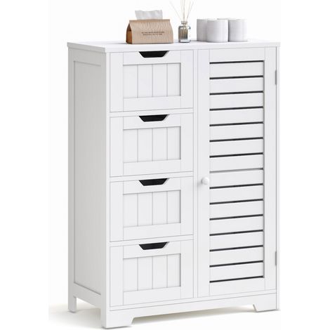 4-Drawer Bathroom Floor Cabinet with Louver Door, Space-Saving Freestanding Storage Unit,for Bathroom Living Room Kitchen Hallway, 60 x 30 x 85 cm, White, Mondeer (1/5)