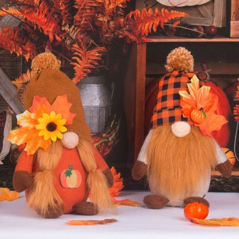 Ensemble de 2 pièces : Citrouille d'Halloween - Feuille d'érable pour la fête des récoltes - Poupée naine sans visage - Ensemble de poupées d'automne - Femmes + Hommes (1/5)