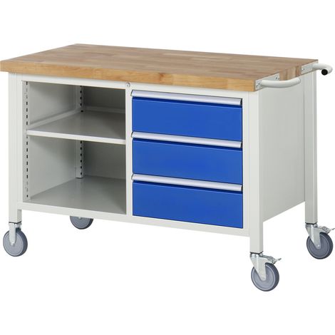 Werkbank B1250xT700xH880mm Buche massiv lichtgrau enzianblau 3 Schubl.fahrbar (1/5)