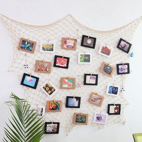Red de pesca de cuerda de cáñamo DIY para decoración de fiestas con 40 pinzas de madera，marco de fotos colgante，200,64 x 101,60 cm (1/2)
