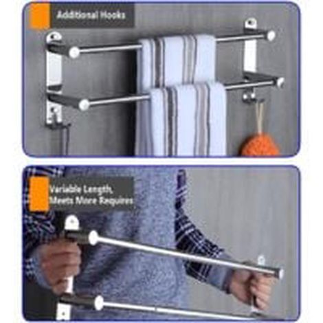 Porte-serviettes mural télescopique chromé, 50–90 cm, en acier inoxydable avec crochets (1/3)