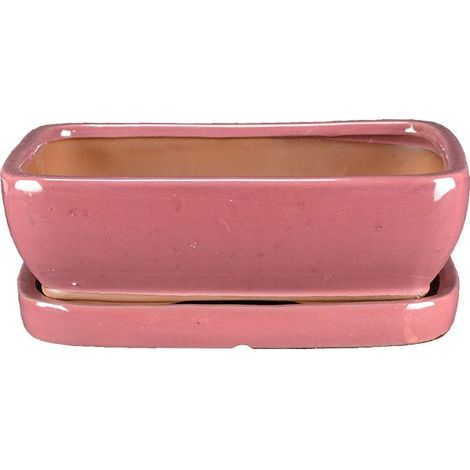 Vaso + sottovaso per bonsai rettangolare in gres smaltato rosa 23,5x17x6,5 cm - GA2VS