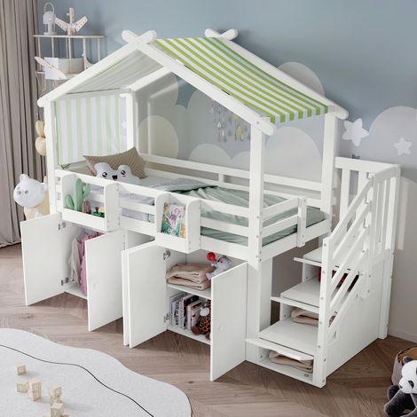 Fortuna Lai – Lit superposé 90x200cm blanc + vert – Lit cabane avec armoire et 2 casiers – Escalier de rangement avec 3 placards – Certifié EN747 (1/5)