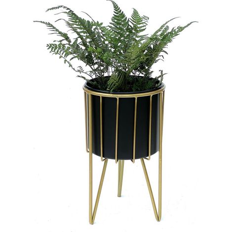 DanDiBo Blumenhocker mit Topf Metall Gold Schwarz Rund M 40 cm Blumenständer 96039 Blumensäule Modern Pflanzenständer Pflanzenhocker (1/5)