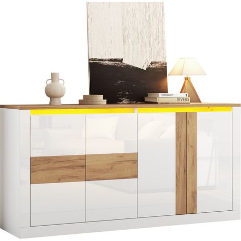 Buffet LED 4 portes en MDF blanc brillant avec étagères réglables, éclairage RGB piloté par application et voix, 140 cm pour salon et salle à manger  CHICFURN (1/5)