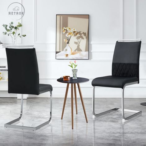 Lot de 2 chaises de salle à manger modernes, dossier en simili cuir et lin, chaise d'appoint rembourrée à dossier haut, dossier à rayures horizontales pour salle à manger, noir (1/5)