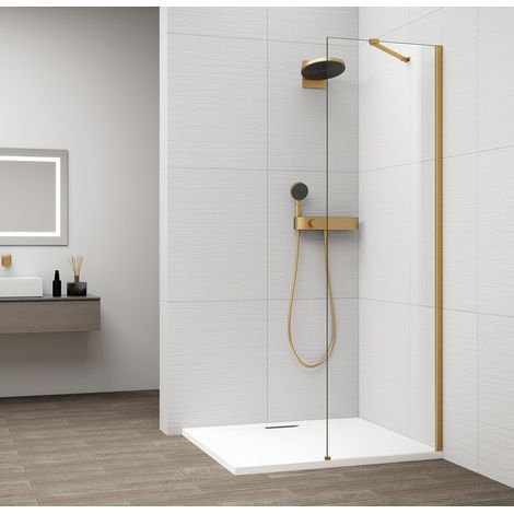 ESCA GOLD MATT Panneau de douche monobloc en verre, montage mural, verre transparent, 500 mm (1/4)