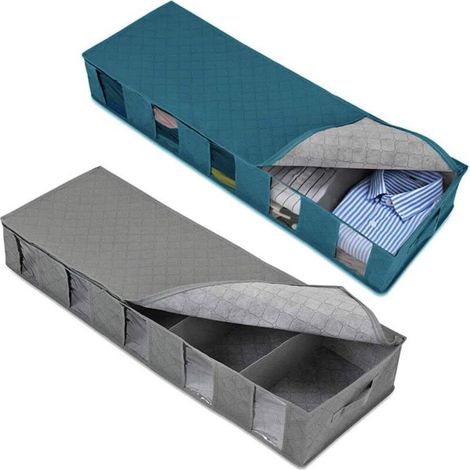 Lot de 2 rangements pour vêtements en tissu sous la commode de lit, sac de rangement non tissé pliable anti-poussière (gris, bleu) (1/5)