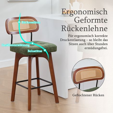 Set di 2 sgabelli da bar girevoli a 360°, sgabelli da cucina e da bar per la colazione con schienale, schienale in rattan con seduta imbottita, sgabelli da bar in stile moderno di metà secolo (verde, (1/5)