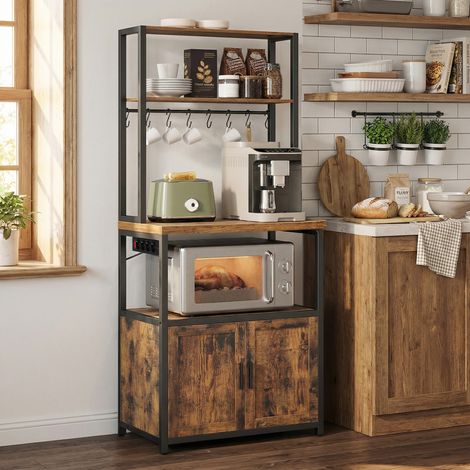 Meuble Bar à Café avec Station de Charge, Étagère de Cuisine avec Placard, Marron et Noir