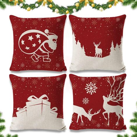 Juego de 4 fundas de cojín navideñas, 45x45 cm, funda de almohada navideña, funda de almohada navideña de algodón y lino, funda de almohada decorativa navideña, funda de almohada navideña, funda de al (1/4)