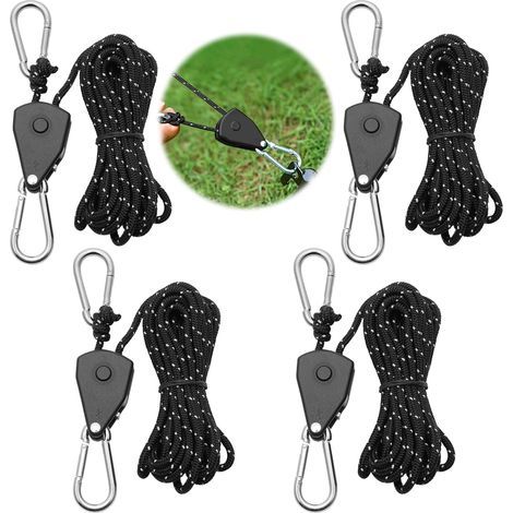 Cricchetto per corda con gancio, dotato di carrucola regolabile da 6 metri, adatto per tende da trekking, nero (1/5)