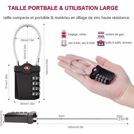 Resväska hänglås, TSA 4-sifffrig combinaisonslås for bagage with öppet larm, fitnesskabelhänglås (2-pack, black), T-Audace