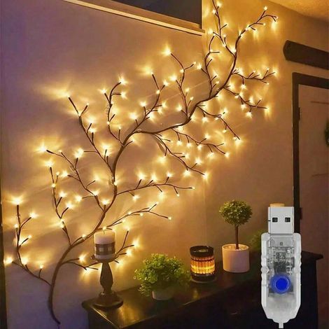 LED-Wandleuchte in Form eines Astes: 1,8 Meter lang, 96 LEDs, braunes Weidenzweig-Design, inklusive Fernbedienung und USB-Netzteil (warmes Licht).