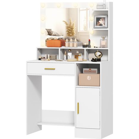 Weißer Schminktisch 80x40x135cm mit LED-beleuchtetem Spiegel (10 Helligkeitsstufen), Schublade, Schrank und Ablagen (1/5)