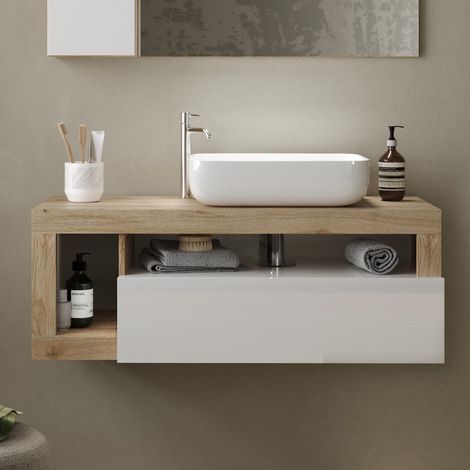 Meuble suspendu salle de bain couleur chêne et blanc L 110cm GAMA (1/5)