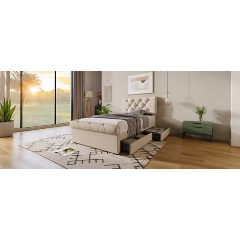 90x200 cm Holz-Metall-Bett Natur mit 2 Schubladen, platzsparend, ohne Matratze – MEUBLIV (1/5)