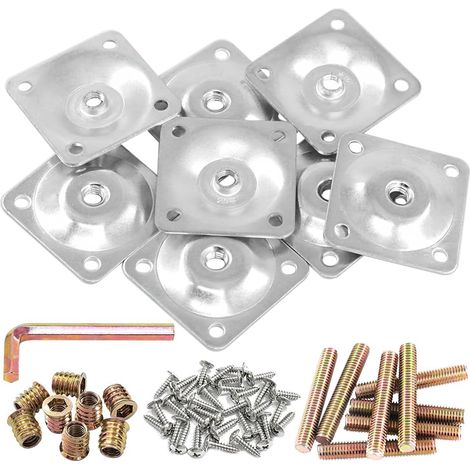 8 Sets Plaques de montage argentées pour pieds de meubles, 8Pcs Leg Attachment Plates with 40pcs 5/16" Hanger Bolts Screws for Furniture Sofa Couches Seats (1/5)