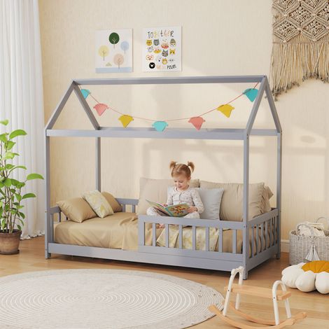 HOMCOM House-Shaped Kids Bed Frame with Guard Rails for Boys Girls, Grey