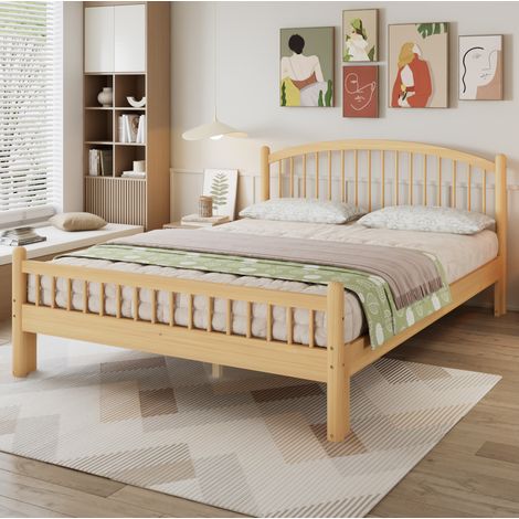 Lit adulte 140x200 cm en bois avec sommier à lattes, tête et pied de lit à barreaux, naturel (1/5)