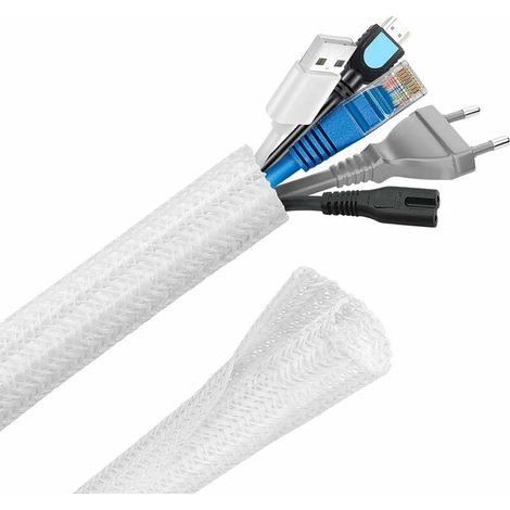 Gaine de câble ajustable, gaine tressée PET de 12 mm à 6 m, protection et gestion des câbles pour TV, PC et USB - Blanc (1/5)