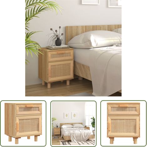 The Living Store Table de chevet Marron Bois de pin massif et rotin naturel - Table De Chevet - Meuble De Chambre - Table D'appoint - Mobilier Scandinave - Commode (1/5)