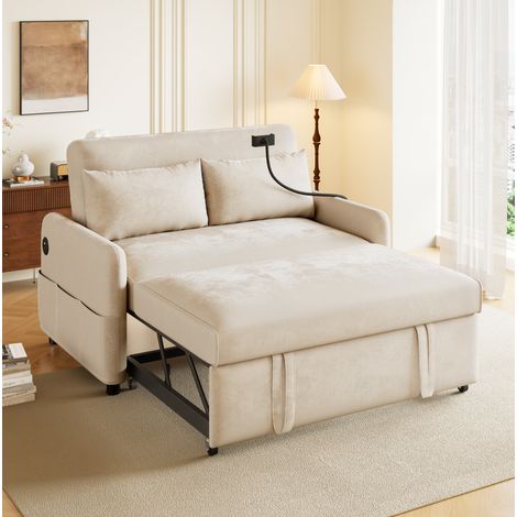 Schlafsofa 129x76x81 cm Beige Chenille mit Schlaffunktion, USB-Anschluss und verstellbarer Rückenlehne (1/5)
