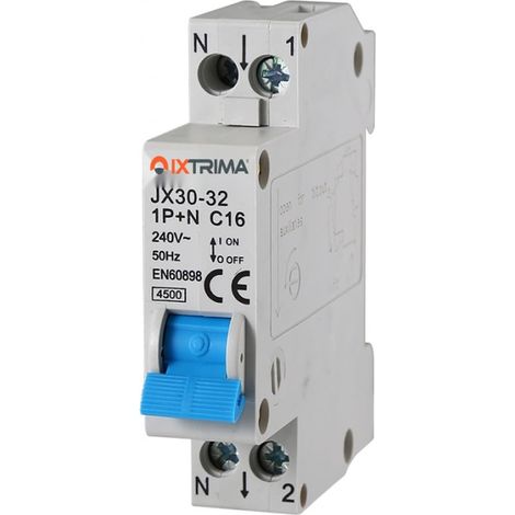 Interrupteur magnétothermique automatique 1P+N 16A C16 220 V 4,5 kA, occupe 1 module (1/5)