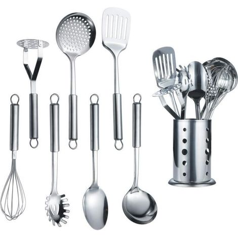Juego de utensilios de cocina de acero inoxidable de 1 pieza con soporte, cuchara de cocina, juego de utensilios de cocina con soporte (8 piezas) - Crezuo