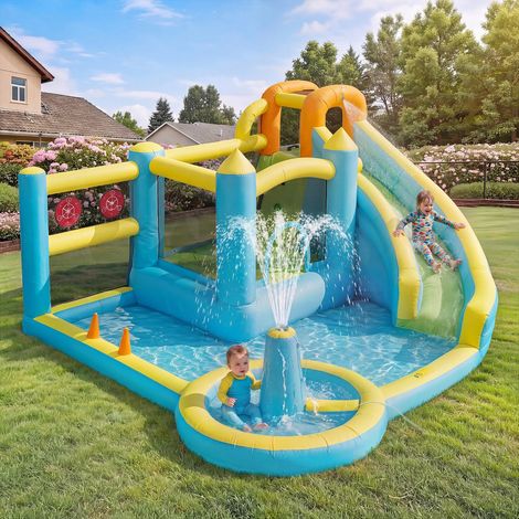 Aufblasbare Burg mit Gebläse für Kinder: Wasserpark, Wasserrutsche, Schwimmbad, aufblasbarer Wasserspielplatz für den Garten, 430 x 390 x 210 cm