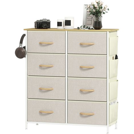 Commode de chambre à coucher avec 8 tiroirs en tissu, montants en acier, plateau en bois, 4 poches de rangement, 2 crochets, beige (1/5)