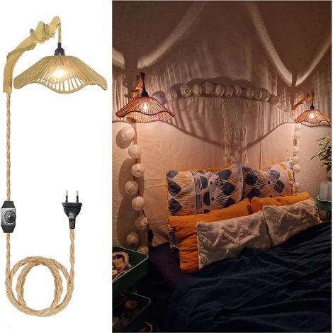 Applique Murale Rotin Boho, Lot de 2 Lampe Murale Interieur Bois avec Interrupteur Câble de Corde de Chanvre 3m Luminosité Variable Luminaire Mural Chambre Vintage Rustique E27 pour Salon Couloir (1/5)