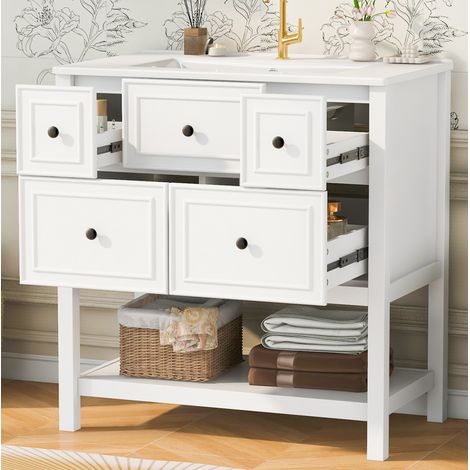 Meuble vasque sur pied 76x46,5x82 cm avec 5 tiroirs et étagères ouvertes, vasque en céramique, MDF blanc (1/5)