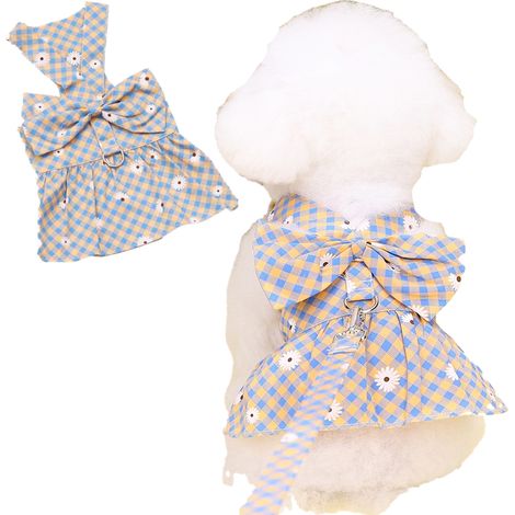 4 pièces Ensemble vêtements pour chien, robe à carreaux, nœud papillon, harnais et laisse, taille S à XL, pour petits chiens, chats et lapins (1/5)