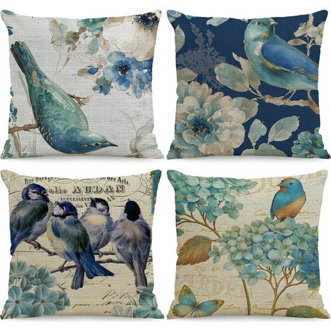 Housse de Coussin 45x45 cm, Lot de 4 Housses de Coussin Floral et Oiseaux Taie d'oreiller Décorative Carrée en Lin pour Canapé Maison Salon Chambre à Coucher (1/5)
