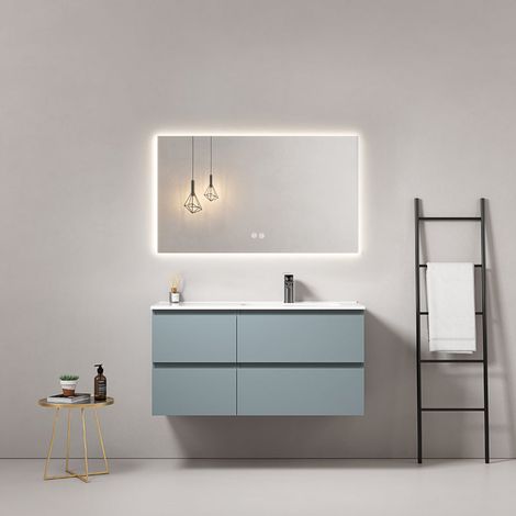 Mobile bagno sospeso 100 cm Blu Avio Lavabo a Destra in Ceramica Specchio Quadro Retroilluminato - Fiji Paint (1/5)