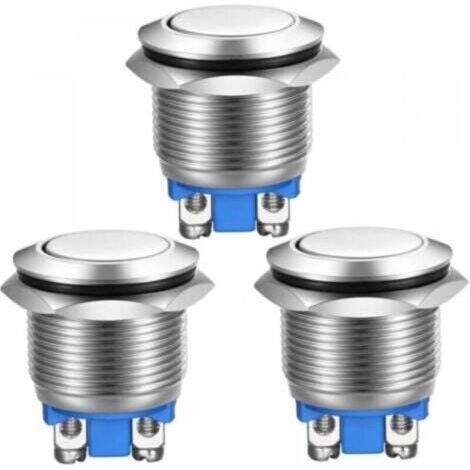 Bouton poussoir momentané étanche IP67, acier inoxydable 19 mm, 2 A, 12–250 V, tête plate – lot de 3 (1/4)