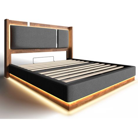 Cama con almacenaje 180 x 200 cm con somier de láminas, LED, elevación hidráulica, gris y nogal (1/5)