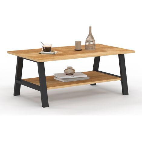 Rechteckiger Couchtisch MADELEINE 100 cm Doppelplatte aus Holz und Schwarz